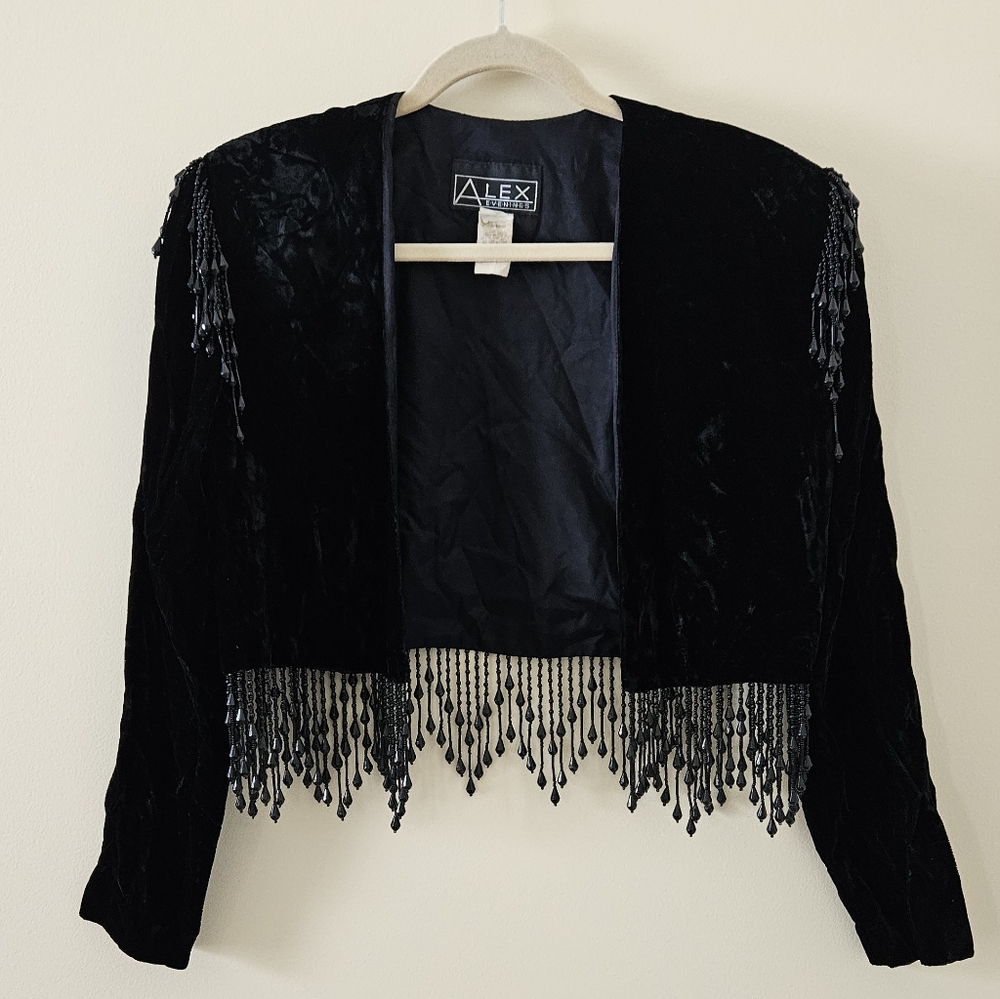 Vintage ALEX EVENINGS Cropped Velvet Jacket Beaded Fringe Retro Glam Size Large